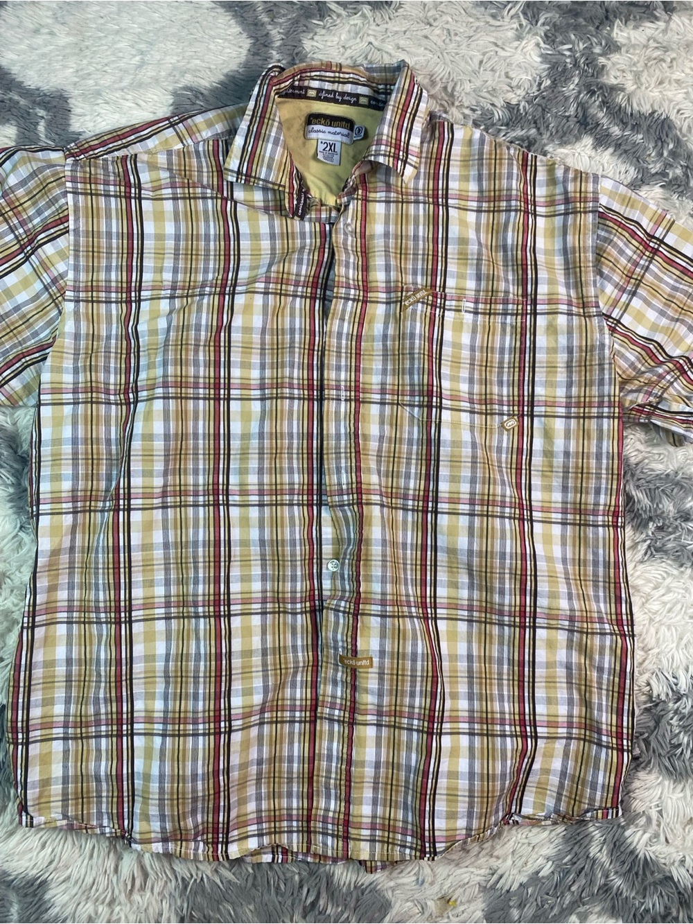 Ecko Unltd Mens Plaid Short Sleeve Button Up Shirt XXL Green Brown White